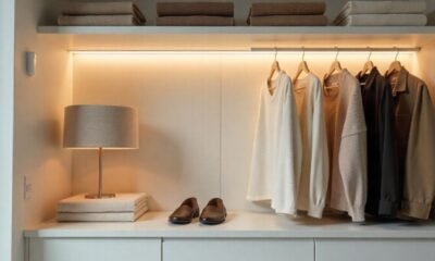 Motion sensor LED strip light mounted on white closet shelf showing flexible design and warm lighting