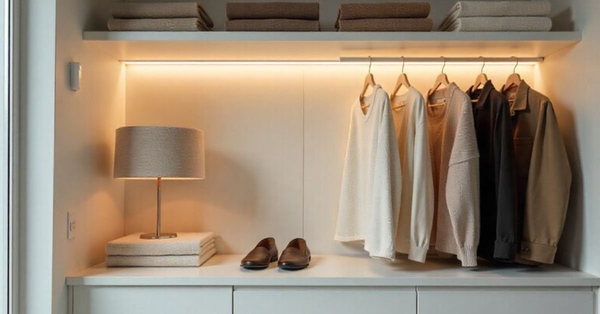 Motion sensor LED strip light mounted on white closet shelf showing flexible design and warm lighting