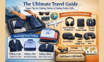 Infographic titled “The Ultimate Travel Guide: Expert Tips for Folding Clothes and Finding Perfect Gifts,” showing suitcase packing techniques for suits and shirts alongside popular travel gift items like headphones, passport holder, charger, travel pillow, and luggage scale.