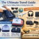 Infographic titled “The Ultimate Travel Guide: Expert Tips for Folding Clothes and Finding Perfect Gifts,” showing suitcase packing techniques for suits and shirts alongside popular travel gift items like headphones, passport holder, charger, travel pillow, and luggage scale.