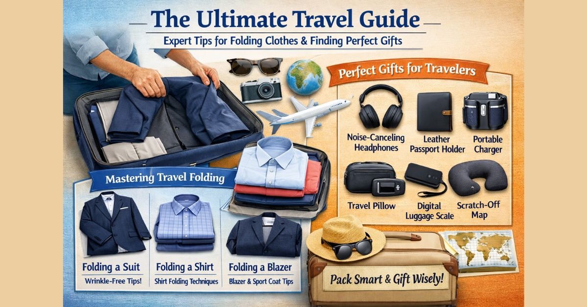 Infographic titled “The Ultimate Travel Guide: Expert Tips for Folding Clothes and Finding Perfect Gifts,” showing suitcase packing techniques for suits and shirts alongside popular travel gift items like headphones, passport holder, charger, travel pillow, and luggage scale.