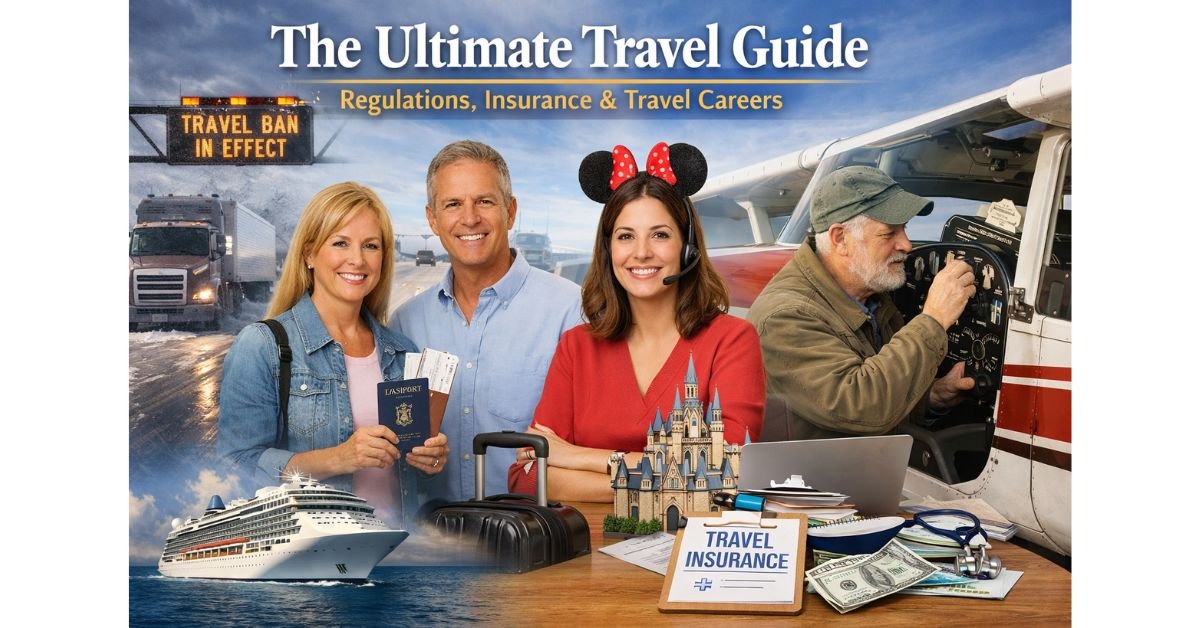 Featured image showing travelers with passports, a cruise ship, travel insurance documents, a winter highway travel ban scene, a Disney-style travel agent, and a vintage aircraft mechanic—illustrating regulations, insurance, and travel career opportunities.